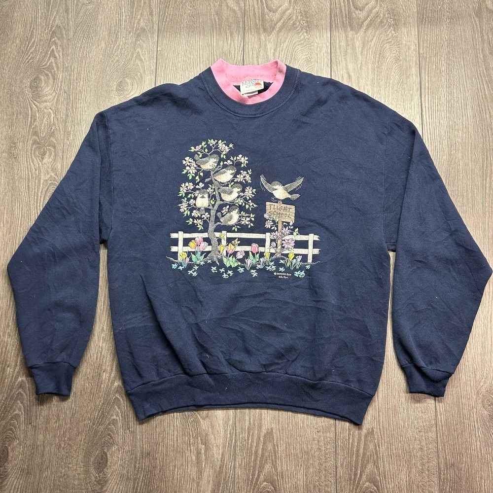 Vintage 90s Morning Sun Large Flight School Bird Sweatshirt Navy Pink Collar USA
